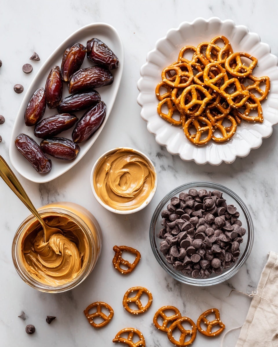 The image shows a top view of five different ingredients placed on a white marbled surface. On the left is an oval white plate filled with glossy, dark brown dates, some whole and some split open showing their soft texture inside. To the right of it, there is a scalloped white plate filled with a pile of small, golden-brown mini pretzels arranged in loose shapes. Below it, a clear glass bowl holds many dark chocolate chips with a smooth, shiny surface. Next to the glass bowl is a small white round bowl filled with creamy, light brown peanut butter swirling with soft peaks. In the bottom left corner, an open peanut butter jar with a golden spoon inside shows thick peanut butter pulled onto the spoon. A few mini pretzels and chocolate chips are scattered around the plates on the white marbled surface. photo taken with an iphone --ar 4:5 --v 7