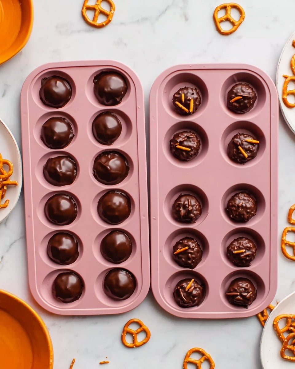The image shows a pink silicone mold with two layers of round treats arranged in a 3 by 4 grid on a white marbled surface. The first layer is light brown melted chocolate filling each mold, smooth and shiny with slight drips around the edges. The second layer is a darker, glossy chocolate evenly covering the first layer in the same shapes, but slightly rippled in texture. Around the mold, some caramel-colored pretzels and pieces of dark chocolate are scattered on the white marbled surface, along with a white plate holding more pretzels. The bottom shows a small white bowl filled with melted chocolate. photo taken with an iphone --ar 4:5 --v 7