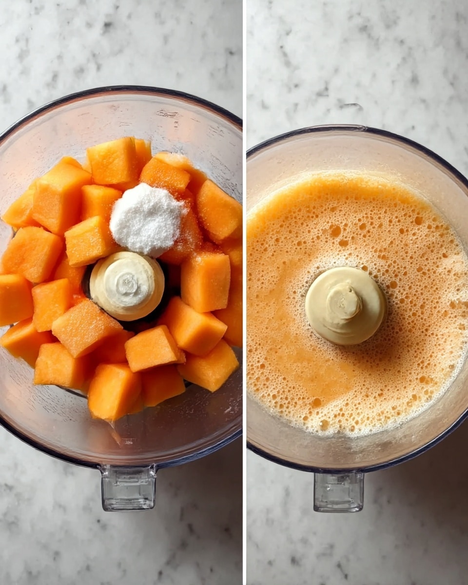 Two images side by side show a clear food processor bowl on a white marbled surface. On the left side, there are many orange cantaloupe cubes topped with a dollop of white substance and some white sugar sprinkled on top. On the right side, the same bowl now contains a smooth, light orange liquid mixture with some foam on top, showing the cantaloupe has been blended. The food processor blade center is visible on both images. Photo taken with an iphone --ar 4:5 --v 7