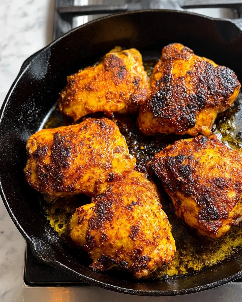 A close-up view of four seasoned and cooked chicken pieces with golden brown, slightly charred crusts in a black cast iron skillet; each piece shows a rough texture with crispy edges and a rich mix of orange and dark brown colors from the spices and cooking; the skillet is placed on a silver metal stove surface, and there is oil around the chicken giving a shiny, cooked look; the background has a white marbled texture; photo taken with an iphone --ar 4:5 --v 7