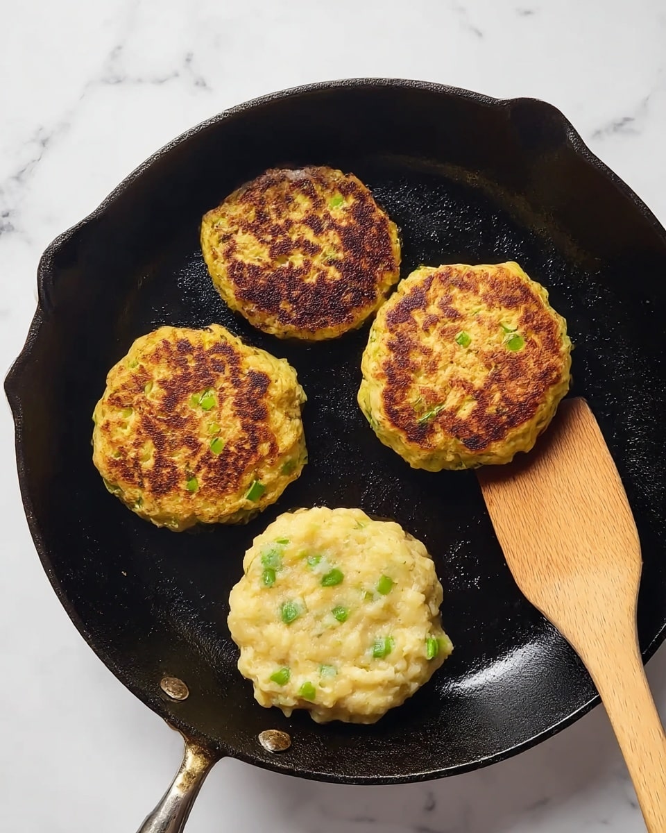 In a black cast iron pan placed on a white marbled surface, there are four thick, round patties cooking. Three patties have a golden-brown crust with darker browned spots, showing a slightly rough texture mixed with small green bits inside. One patty, lighter in color and uncooked, sits on the lower right side, revealing its pale yellow dough and visible small green pieces. A wooden spatula with a light brown handle lies inside the pan on the right side, touching the raw patty. The pan's handle and part of the metal stem are visible at the bottom left corner. Photo taken with an iphone --ar 4:5 --v 7