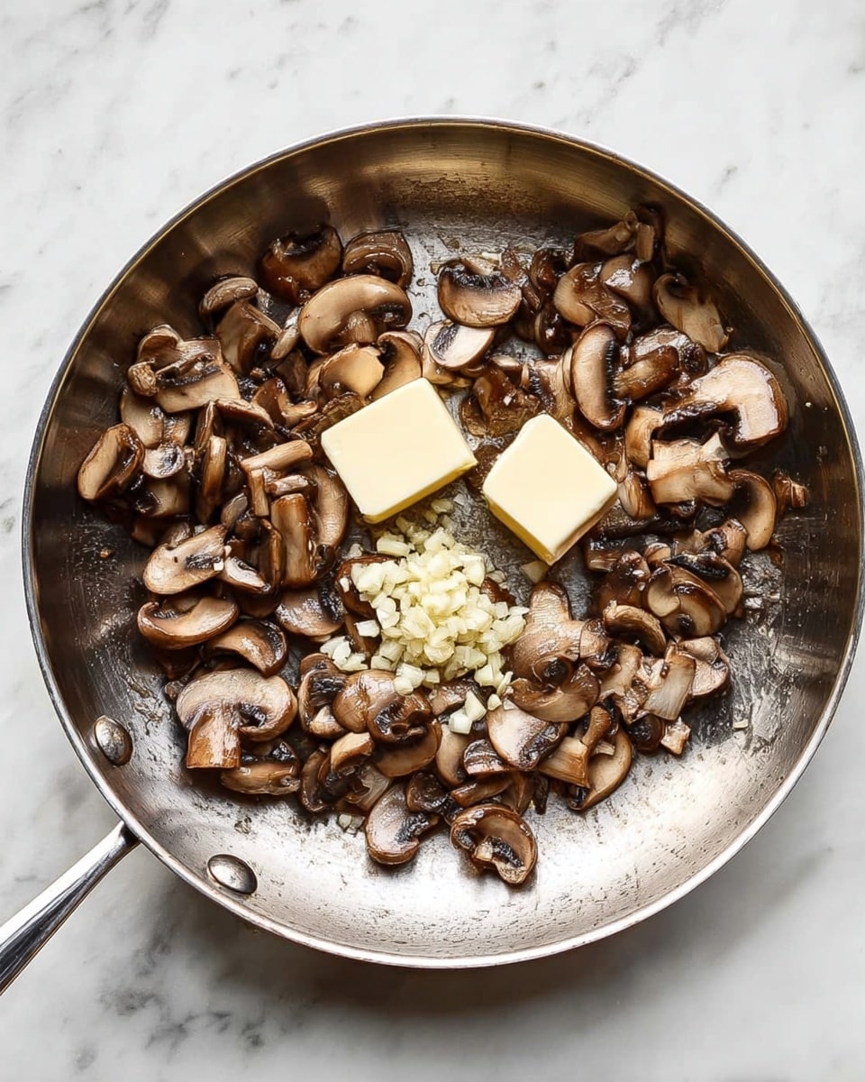 A silver pan sits on a white marbled surface, filled with cooked brown mushroom slices that have a soft, slightly shiny texture. On top of the mushrooms, there are two small squares of light yellow butter melting and a small pile of finely chopped pale garlic. The pan's handle extends to the left side, and the mushrooms look tender and evenly browned. Photo taken with an iphone --ar 4:5 --v 7