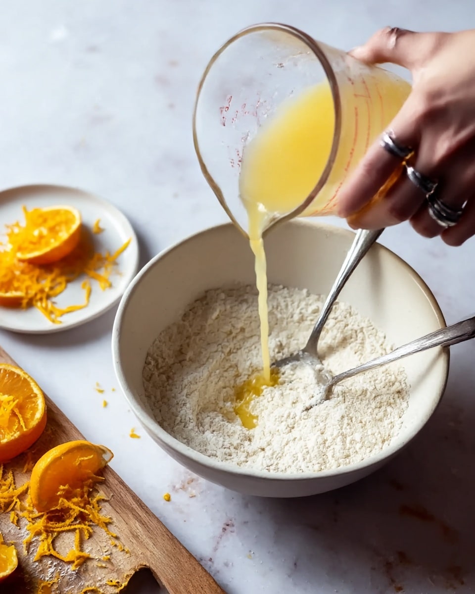 A close-up view shows a white bowl filled halfway with white flour and a yellow liquid being poured into it from a clear measuring cup held by a woman's hand with silver rings; inside the bowl, a metal spoon is partially submerged in the flour. Next to the bowl on the white marbled surface is a small white plate with orange zest and some squeezed orange halves on a wooden board at the edge of the frame. The scene is bright with soft natural light highlighting the textures of the flour, liquid, and zest. Photo taken with an iphone --ar 4:5 --v 7