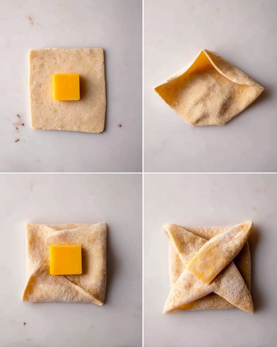 The image shows a step-by-step process of folding a square piece of dough with a small yellow square shape of cheese in the middle. In the first part, the dough lies flat on a white marbled surface with the cheese piece placed at the center. In the second part, two opposite corners of the dough start folding over the cheese. In the last part, all four corners are folded together on top of the cheese, forming a neat square bundle. The dough has a light beige color with a slightly floury texture, and the cheese contrasts brightly with a rich yellow hue. Photo taken with an iphone --ar 4:5 --v 7