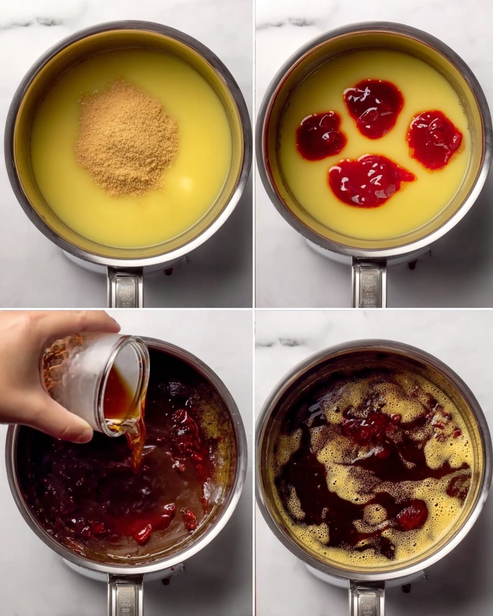 A metal pot is shown in four stages on a white marbled surface. In the first stage, the pot is filled with a yellow liquid and topped with a small mound of light brown powder in the center. In the second stage, red sauce is added in blobs on top of the yellow liquid, spreading unevenly. In the third stage, a woman's hand is pouring a dark liquid into the pot mixing with the red sauce and yellow base. In the last stage, the contents of the pot have turned dark brown with bubbling foam and swirls on the surface, showing a rich stew-like mixture. photo taken with an iphone --ar 4:5 --v 7