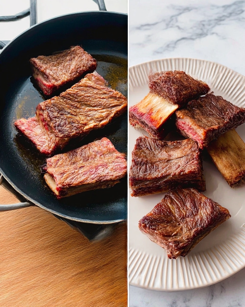 The image shows two views of cooked beef ribs. On the left, five large pieces of browned beef ribs sit in a black pan with some oil, with a close-up view showing the meat's textured, slightly crispy outer surface and some pinkish tones from cooking. On the right, the cooked ribs are stacked loosely on a white plate with a raised, ribbed edge, placed on a wooden surface replaced by a white marbled texture. The ribs have a rich dark brown color with a slightly glossy look, showing muscle fibers and some natural fat, emphasizing their juicy texture. Photo taken with an iphone --ar 4:5 --v 7