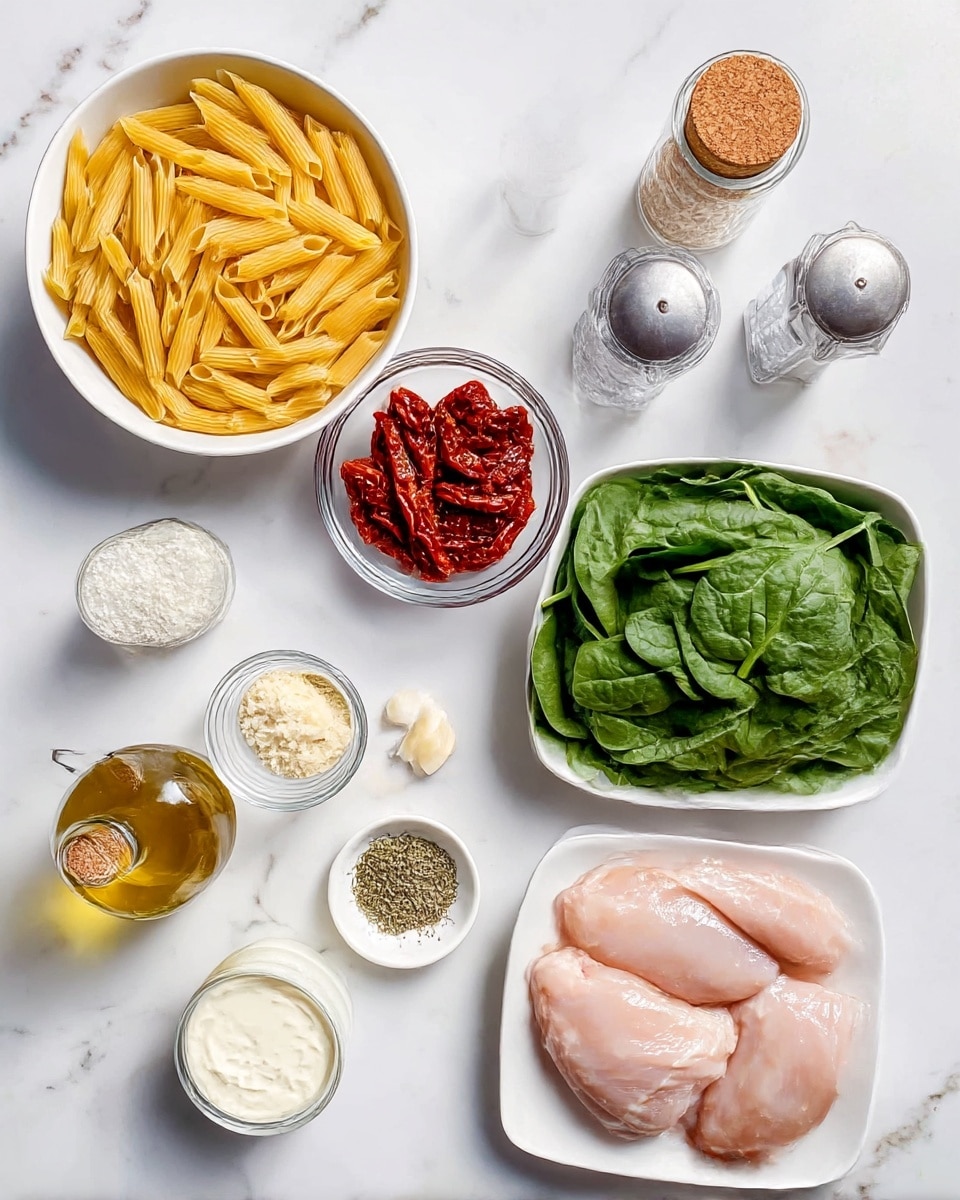 A flat lay of cooking ingredients arranged neatly on a white marbled surface, featuring a white bowl with three raw chicken pieces on the bottom right, a white bowl filled with yellow dry penne pasta on the bottom left, and a white square bowl full of fresh green spinach leaves on the top right. Near the center, a small glass bowl holds bright red sun-dried tomatoes, a small glass jar with grated cheese, a small white dish with dried herbs, and three cloves of garlic spread nearby. A clear glass container with a cork top holds olive oil, and a small jar of cream sits next to it. A clear salt shaker and pepper grinder are placed near the chicken bowl. The photo taken with an iphone --ar 4:5 --v 7