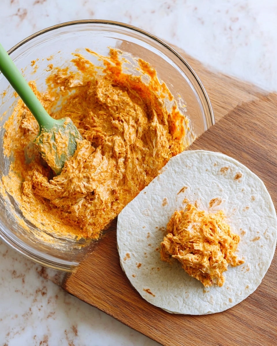 The image shows two side-by-side views of a tortilla wrap on a wooden board with a white marbled texture background. On the left side, the tortilla is open and flat with two sides folded inward towards the center, holding a portion of orange-colored shredded filling with a crumbly texture. On the right side, the tortilla is rolled tightly into a cylinder shape and secured with toothpicks, showing spots of the filling peeking through small holes in the lightly toasted tortilla. No other elements are visible in the image. Photo taken with an iphone --ar 4:5 --v 7