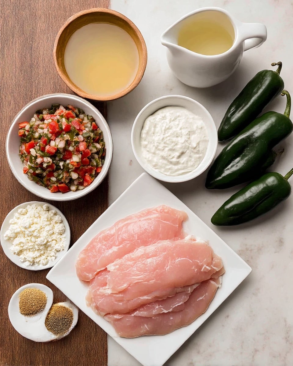 The image shows raw pink turkey slices layered on a white square plate positioned at the bottom right. To the upper left, there is a small white bowl filled with diced red and green salsa, and nearby, a small white round dish holds thick white sour cream. Above these, a white measuring cup contains light yellow broth. On the upper left corner, a wooden bowl is filled with crumbly white cheese. Next to the broth, a small white plate holds three spices: white salt, black pepper, and a light brown spice powder. At the very top right, five shiny dark green poblano peppers rest on a wooden surface. The whole scene sits on a white marbled textured background. photo taken with an iphone --ar 4:5 --v 7