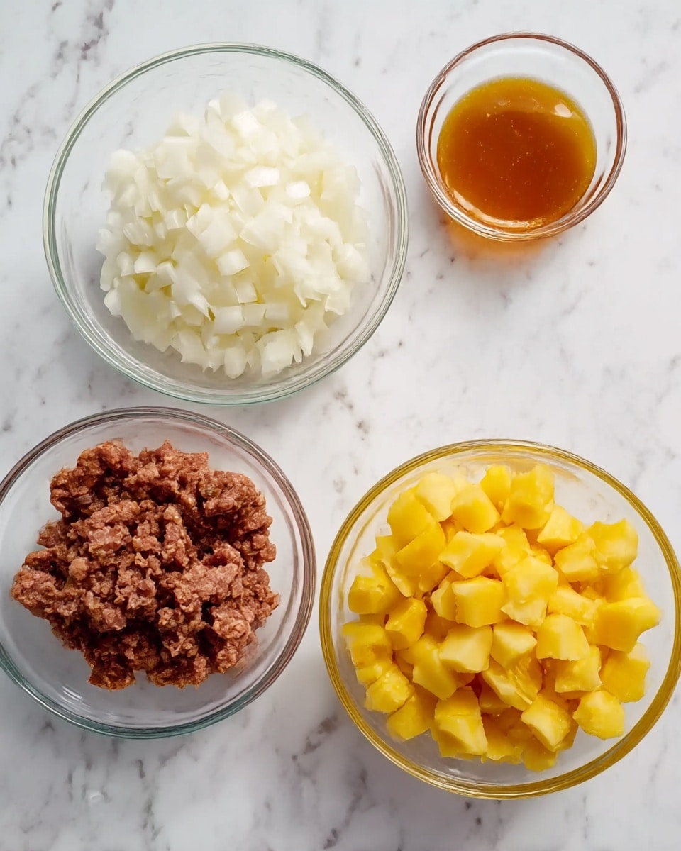 The image shows four clear glass bowls placed on a white marbled surface. The first bowl in the top left corner contains finely chopped white onions with a soft texture. Next to it, on the top right, is a small bowl filled with a smooth, amber-colored liquid with a shiny surface. Below the onions, in the bottom left corner, is a bowl with coarse, dark brown chunks, resembling ground meat. To the right of that, in the bottom right corner, is a larger bowl filled with small bright yellow cubes that look like chopped potatoes. Each bowl is evenly spaced and the colors in the ingredients stand out against the white marbled background. photo taken with an iphone --ar 4:5 --v 7