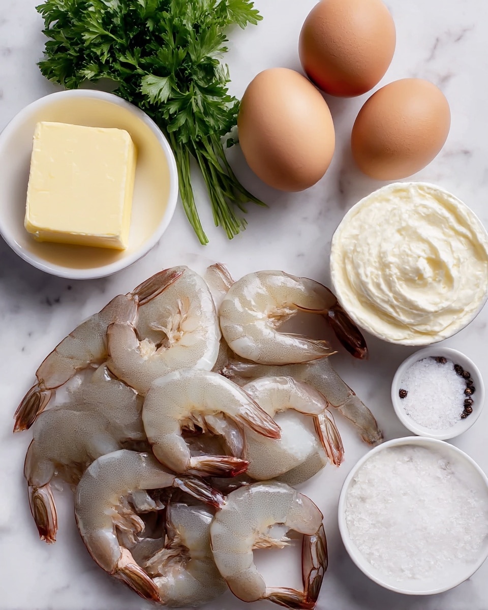 The image shows peeled raw shrimp arranged in a loose pile with translucent greyish and pink tones, tails still on, on a white marbled surface. Above the shrimp, there are two brown eggs with smooth shells placed side by side. To the left of the eggs, a small white bowl holds a square piece of pale yellow butter. Next to the butter, a bunch of fresh green parsley leaves add a pop of color. To the right of the eggs, a larger white bowl contains creamy white whipped or softened cheese with soft swirled texture. Below the eggs, a small white bowl is filled with coarse sea salt, and next to it, a tiny white bowl holds a mix of black and white peppercorns. The whole setup is laid out neatly and clearly for easy identification, photo taken with an iphone --ar 4:5 --v 7