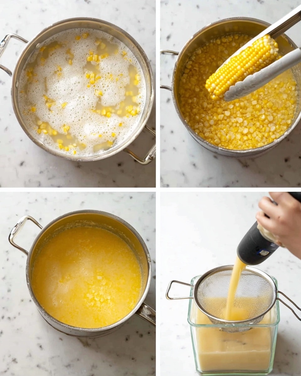 The image shows a six-step process of making a creamy corn soup. The first image shows two corn cobs boiling in a pot full of white foamy water. The second image shows the corn cobs in the pot, but kernels have been removed and are floating in the golden yellow liquid. The third image shows a woman's hand with tongs lifting one corn cob out of the pot over a white marbled surface. The fourth image shows the pot with a golden yellow mixture and a woman's hand holding an immersion blender mixing the corn kernel mixture inside. The fifth image shows the mixture becoming smooth and creamy with foam on top in the pot, with an immersion blender still inside. The sixth image shows the creamy yellow corn soup being poured from the pot through a strainer into a clear container, all on a white marbled surface. photo taken with an iphone --ar 4:5 --v 7