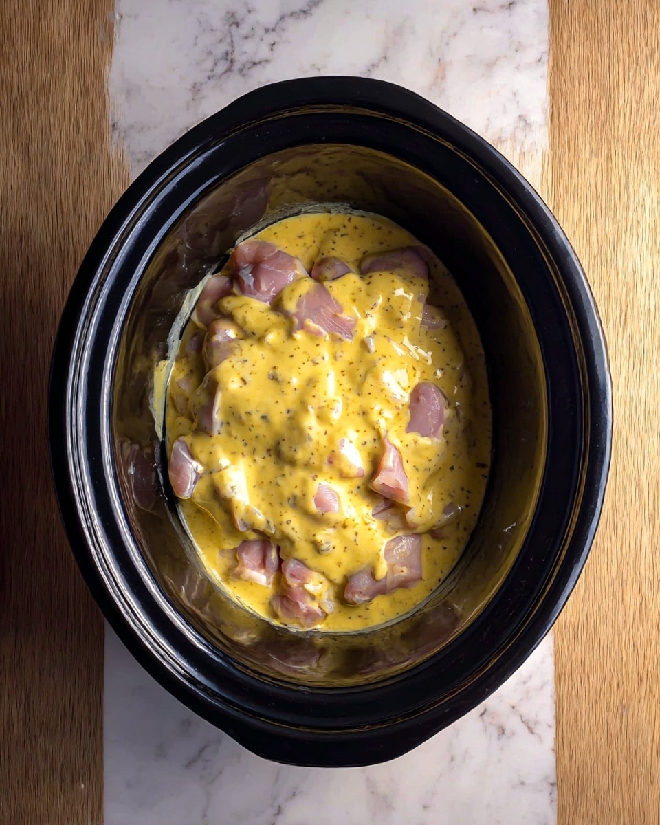 A black slow cooker dish filled with a bottom layer of light pink raw chicken pieces that are mostly covered by a thick, creamy yellow sauce with small visible specks of herbs and spices, spreading unevenly across the top. The dish sits on a surface with a white marbled texture. photo taken with an iphone --ar 4:5 --v 7