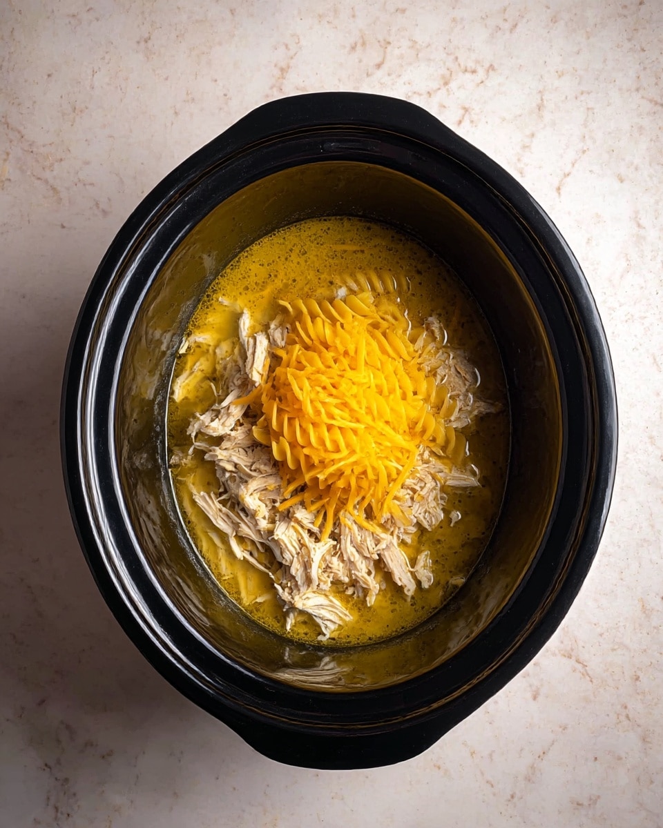 A black slow cooker is filled with three layers: the bottom layer is a yellowish broth with a thin watery texture; on top of that, shredded light beige cooked chicken pieces are spread around the bottom half; the top layer is bright yellow uncooked spiral pasta, placed in the center. The slow cooker sits on a white marbled textured surface. Photo taken with an iphone --ar 4:5 --v 7