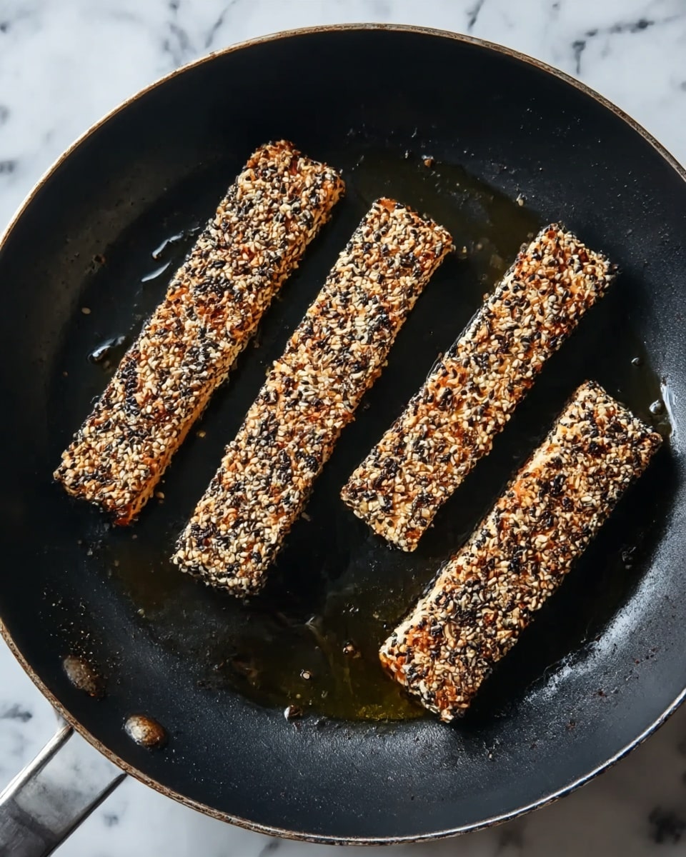The image shows four long pieces of fish fillets cooking in a black frying pan. Each piece is covered with a crust of black and white sesame seeds, giving them a rough, textured look. The fillets are positioned parallel to each other, slightly spaced out inside the pan. A small amount of oil shines on the pan, highlighting the cooking process. The background is a white marbled surface. photo taken with an iphone --ar 4:5 --v 7