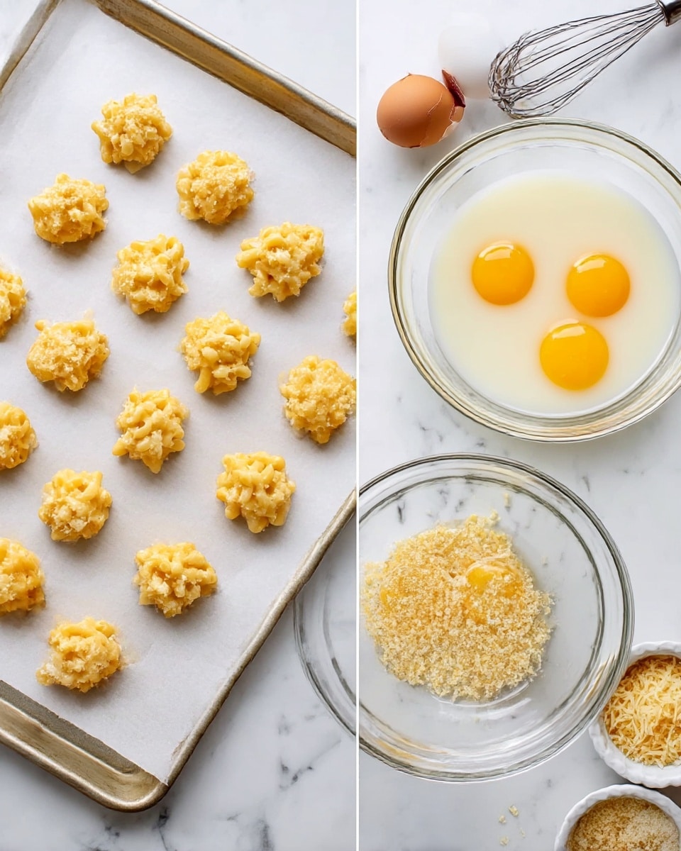 The image shows two scenes side by side on a white marbled surface. On the left, there is a tray lined with parchment paper holding 24 small round clusters of light golden macaroni and cheese balls arranged in six rows of four, each clump having a textured, slightly uneven surface with visible elbow pasta. On the right, a clear glass bowl contains two whole raw eggs with bright yellow yolks sitting in a white liquid, likely milk, with a whisk partially visible nearby. Around the bowl, there are small white bowls holding grated cheese and panko breadcrumbs. Photo taken with an iphone --ar 4:5 --v 7