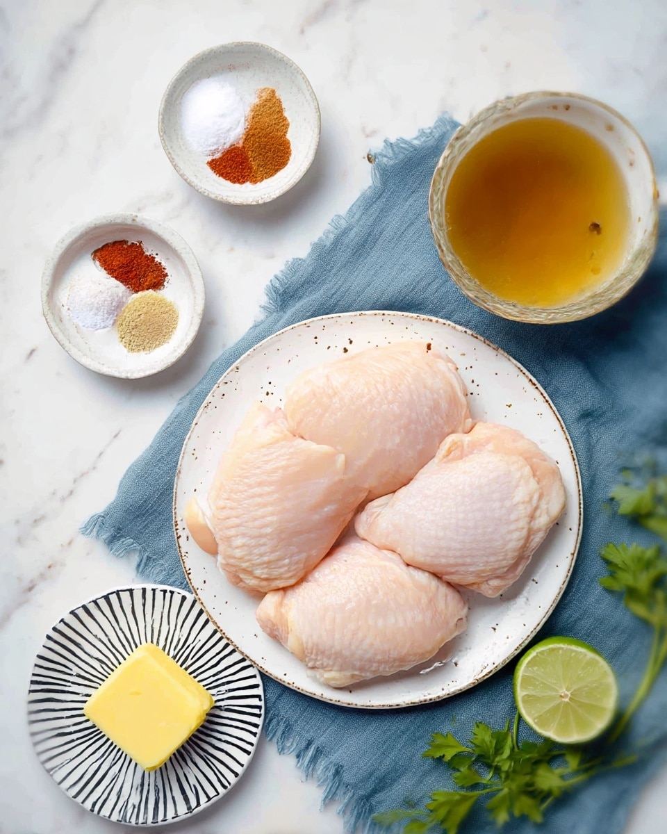Three pale pink raw chicken thighs are placed on a white plate with small black specks around the edge, set on a blue cloth. Surrounding the plate are five ingredients: a small white bowl with four powders including red, white, and two shades of brown, a small white plate with a black striped edge holds a yellow butter pat, a clear glass bowl with light brown broth, a yellow mustard in a white cup with gold spots, a green lime wedge, and a small bunch of green parsley leaves. The whole setting is on a white marbled surface. photo taken with an iphone --ar 4:5 --v 7