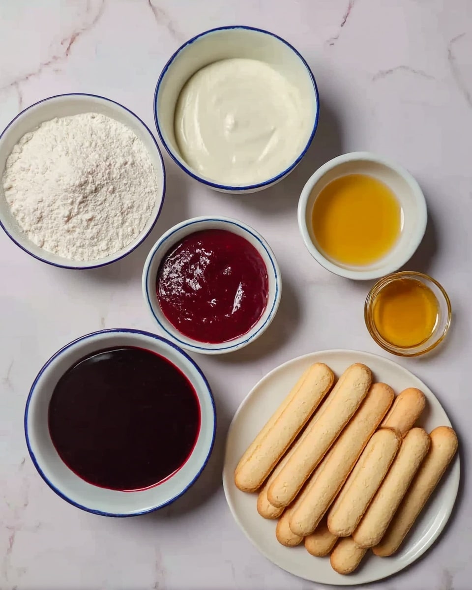 The image shows several white bowls and a white plate arranged on a white marbled surface. One white bowl contains plain flour which is white and powdery, another white bowl holds a thick deep red berry sauce with a smooth texture, and a smaller white bowl is filled with dark red wine which is glossy and liquid. There is a blue-rimmed white bowl with a creamy white mixture. A small white bowl contains golden yellow liquid, likely vanilla extract, shiny and smooth. The white plate displays 14 light beige ladyfinger biscuits lined up closely in two rows. All ingredients are spread out neatly, ready for making a dessert. Photo taken with an iphone --ar 4:5 --v 7