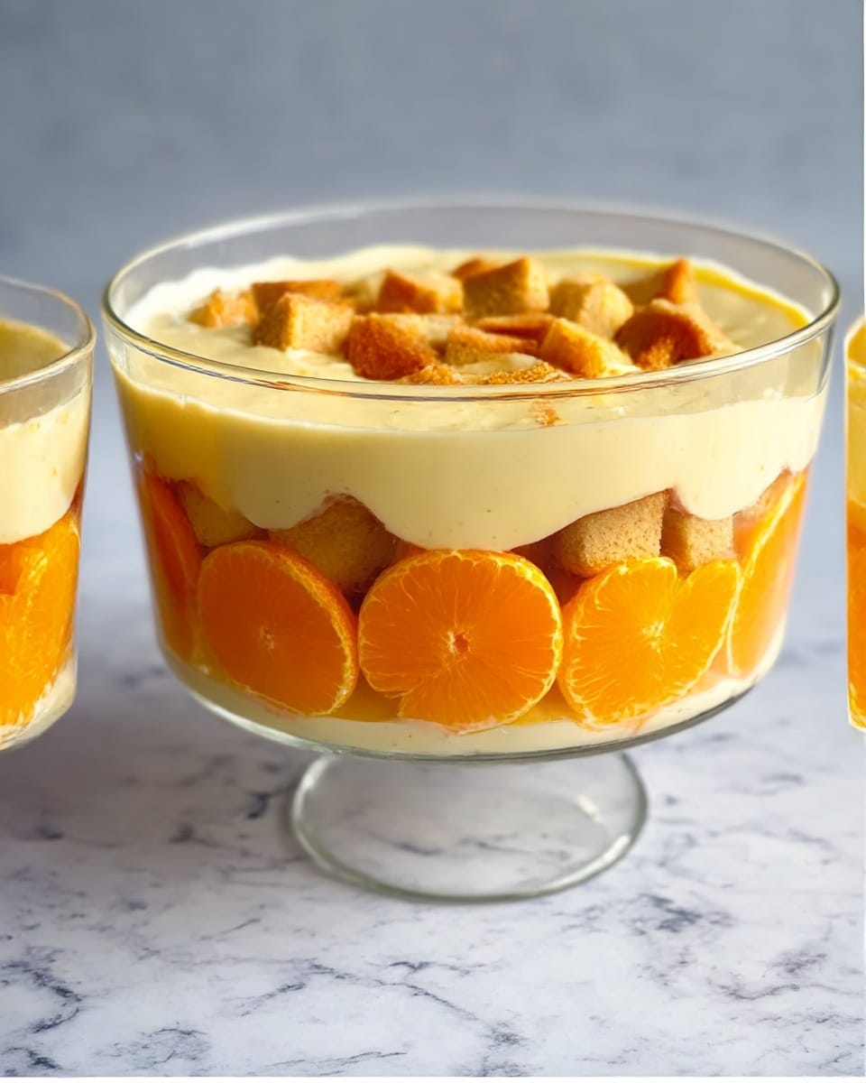 A clear glass dessert cup on a white marbled surface shows three layers. The bottom layer is made of bright orange slices arranged evenly around the edge. The middle layer is made of small pieces of light brown cake that cover the orange slices completely. The top layer is a smooth, cream-colored custard or cream spread evenly over the cake pieces. The dessert looks fresh and colorful with clear separation between the layers. Photo taken with an iphone --ar 4:5 --v 7