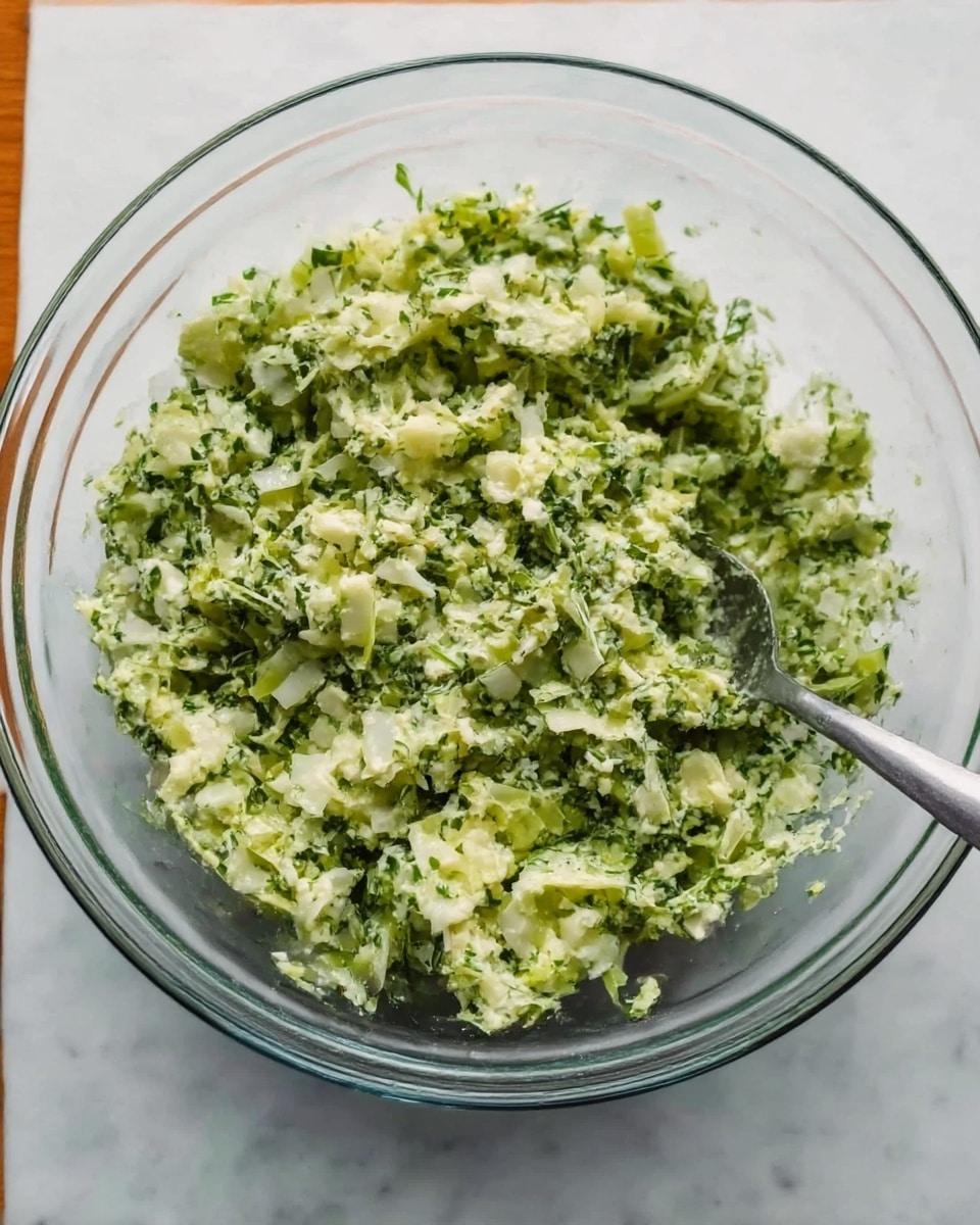This image shows a big clear glass bowl full of a chopped green salad mix. The salad has many small pieces of pale green and white vegetables with thin green herbs mixed together. The texture looks creamy and finely chopped. A silver spoon is sticking into the bowl on the right side. The bowl is placed on a white marbled surface. photo taken with an iphone --ar 4:5 --v 7