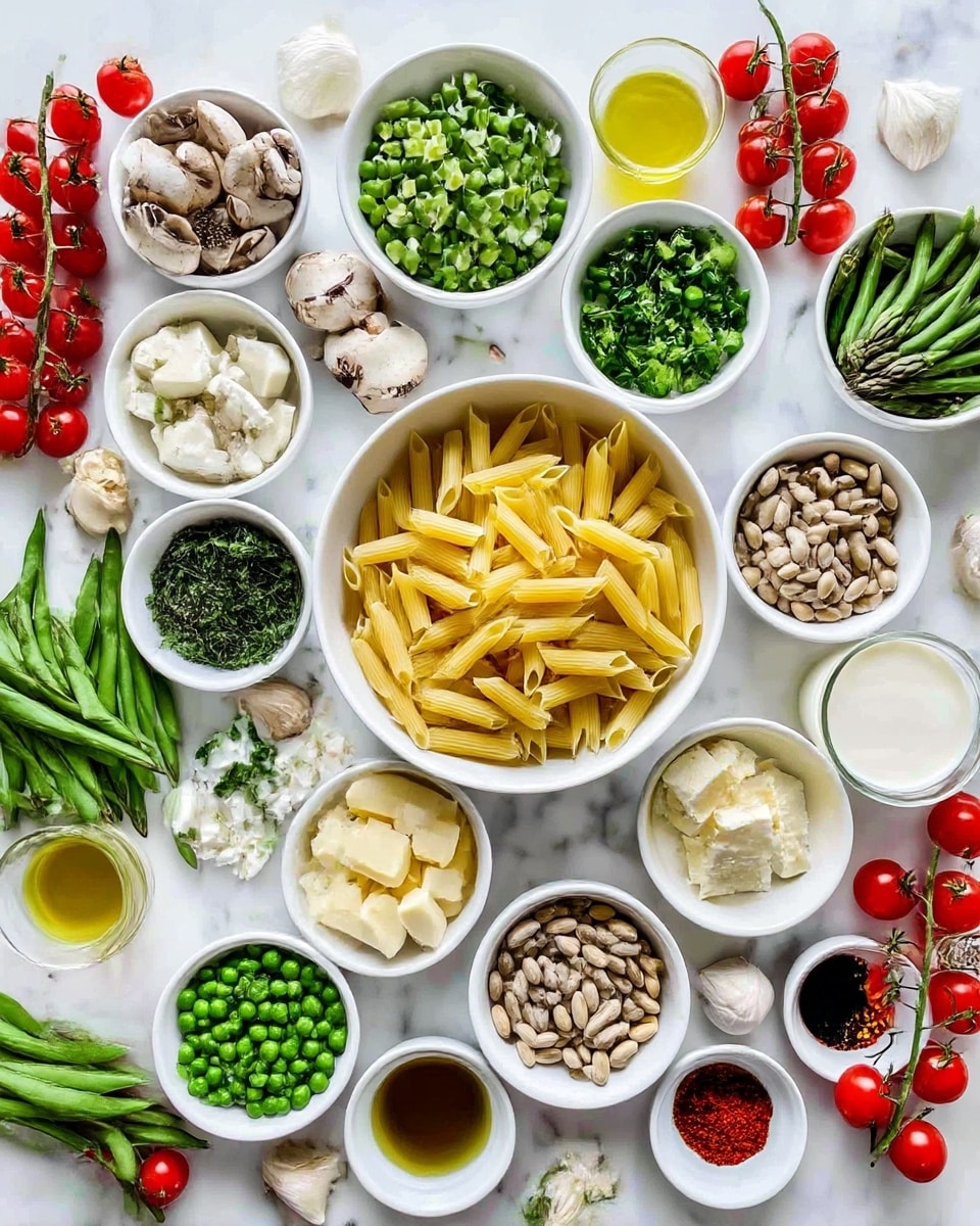 The image shows many small white bowls arranged on a white marbled surface, each holding different fresh ingredients. In the center, there is a white bowl filled with uncooked yellow penne pasta. Surrounding it are bowls with chopped green asparagus pieces, sliced white mushrooms, chopped green herbs, fresh green peas, pine nuts, white butter cubes, grated white cheese, and fresh green beans. There are also clusters of red cherry tomatoes still on the vine spread around the bowls. Additional ingredients include peeled garlic cloves, a small yellow lemon, a glass of white cream, and small bowls of olive oil, black pepper, soy sauce, and red pepper flakes. The colors are bright with lots of fresh green, red, yellow, and white tones. Photo taken with an iphone --ar 4:5 --v 7