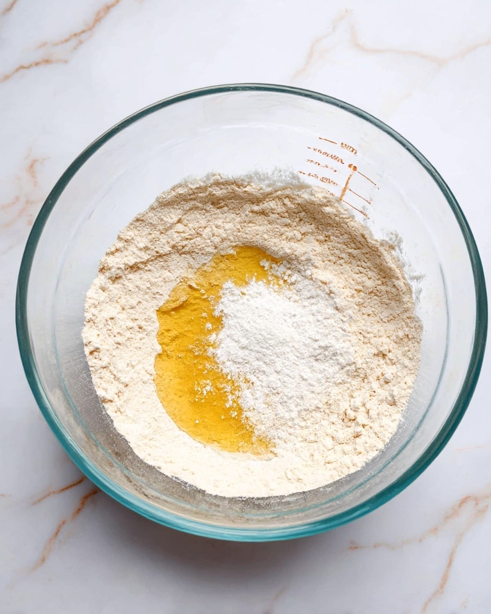 A clear glass mixing bowl on a white marbled surface holds three visible layers: a bottom layer of light beige flour forming a thick ring around the inside of the bowl, a smaller middle pool of golden yellow liquid in the center, and a top scattered layer of fine white powder sprinkled unevenly near the golden liquid and flour. The bowl is transparent with measurement markings on the side, showing what is inside clearly. Photo taken with an iphone --ar 4:5 --v 7