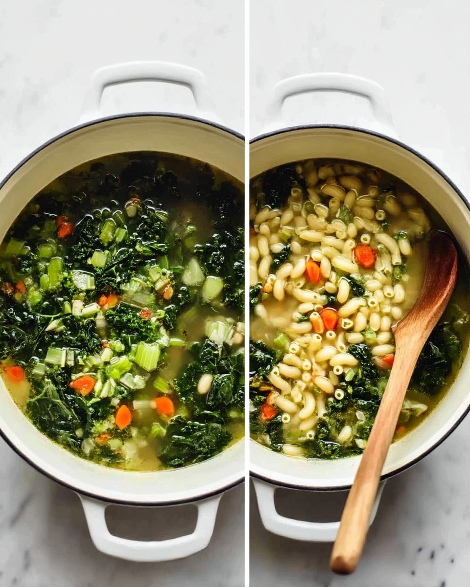 In the first part of the image, there is a white pot filled with clear broth and chopped green vegetables, including celery and kale, along with small pieces of orange carrots floating on the surface. The vegetables are spread evenly, showing a fresh mix of wrinkled dark green leaves and bright green stems in the light broth. In the second part, the same white pot now has added short elbow macaroni noodles on top of the vegetables and broth, with a wooden spoon placed inside the pot on the right side. The noodles are pale yellow and slightly curved, floating among the greens and orange carrot pieces, all set against a white marbled surface. photo taken with an iphone --ar 4:5 --v 7