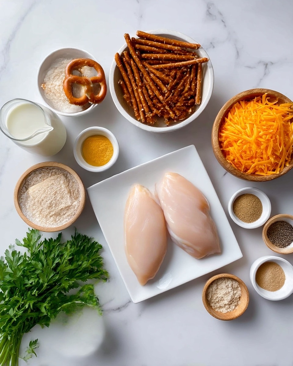 The image shows various ingredients placed on a white marbled surface. There is a square white plate holding two pale, smooth raw chicken pieces in the center. Around it, there are several small white bowls and wooden bowls containing different items: one bowl is filled with dark brown pretzel sticks, another with bright orange shredded cheese, and a third with white flour. Small wooden bowls hold light yellow mustard, beige spices, white salt, black pepper, and white baking powder. A small white container holds a clear liquid, likely milk. Fresh green parsley lies to the left side of the plate. The colors in the image include pale pink, bright orange, dark brown, fresh green, and neutral beige tones, all set against the clean white marbled background. photo taken with an iphone --ar 4:5 --v 7