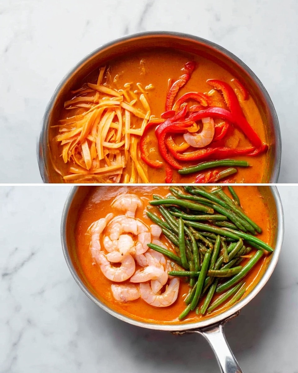 The image shows two stages of cooking in a shiny silver frying pan on a white marbled surface. Both images have a deep orange-red sauce covering the bottom of the pan. In the first image, thin strips of light orange pieces and red bell pepper slices are mixed in the sauce. In the second image, the same sauce is seen, but on top, there is a side pile of light pink raw shrimp and a pile of dark green trimmed beans, placed next to each other in the pan. The pan handle is visible on the right side in both images. Photo taken with an iphone --ar 4:5 --v 7