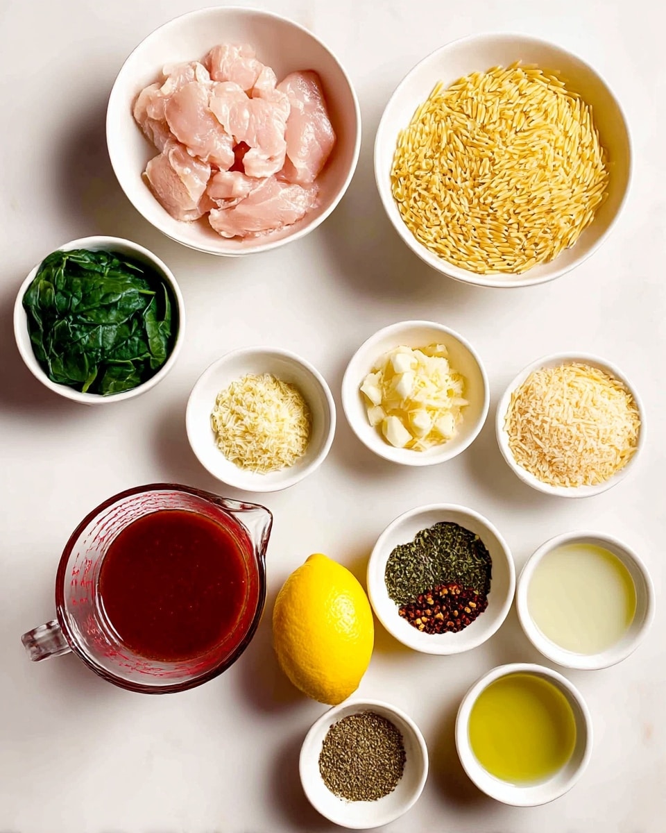 The image shows nine small white bowls and a glass measuring cup arranged neatly on a white marbled surface. The top row has two white bowls, one filled with light pink raw chicken pieces and the other with dry yellow orzo pasta. The middle row has four small white bowls: dark green fresh spinach leaves on the left, finely chopped light yellow garlic in the center, and golden yellow grated cheese and two small bowls with dark green dried herbs and black and red peppercorns on the right. Below, there is a bright yellow whole lemon in the center, a glass measuring cup with dark red tomato sauce on the left, and two small white bowls with pale green olive oil and creamy white liquid on the right. The bowls and cup form a grid of layers and colors on the smooth white marbled background, with sharp, clear lighting. Photo taken with an iphone --ar 4:5 --v 7