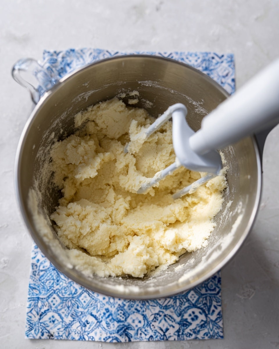 The image shows a silver mixing bowl with light yellow dough that looks soft and slightly crumbly inside. A white mixer paddle is resting in the bowl, partially covered by the dough. The bowl is placed on a white marbled surface with a blue and white patterned cloth beneath it. The light reflects softly on the metal bowl, giving it a smooth texture. photo taken with an iphone --ar 4:5 --v 7