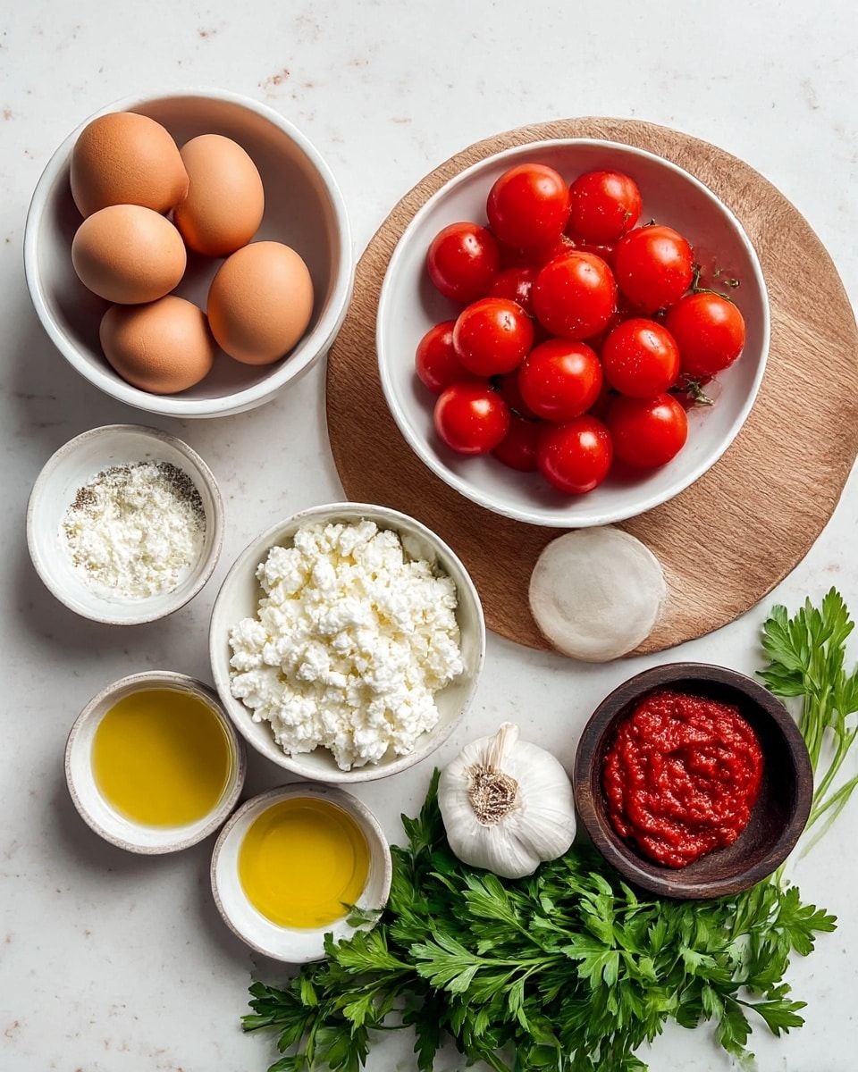 The image shows a collection of fresh ingredients placed on a white marbled surface. There are six brown eggs stacked in a white bowl on the left, a smaller white bowl holding a white crumbly cheese below it, and a larger white bowl filled with bright red grape tomatoes in the center on a wooden board. Next to the tomatoes, there is a small white bowl containing golden olive oil and another small white bowl with thick red tomato paste. To the right of these, a round dark wooden dish holds salt and black pepper, and a whole white garlic bulb is nearby. Fresh green parsley with vibrant leaves is spread out on the bottom right corner. Photo taken with an iphone --ar 4:5 --v 7