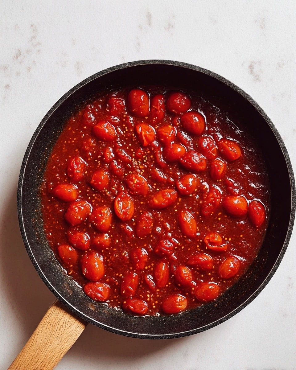 A black frying pan with a light wood handle contains a rich tomato sauce with whole and halved cherry tomatoes simmering inside. The sauce is thick, deep red with visible small chunks and seeds, mixed with shiny, softened red cherry tomatoes evenly spread through the pan. The pan sits on a white marbled textured surface. photo taken with an iphone --ar 4:5 --v 7