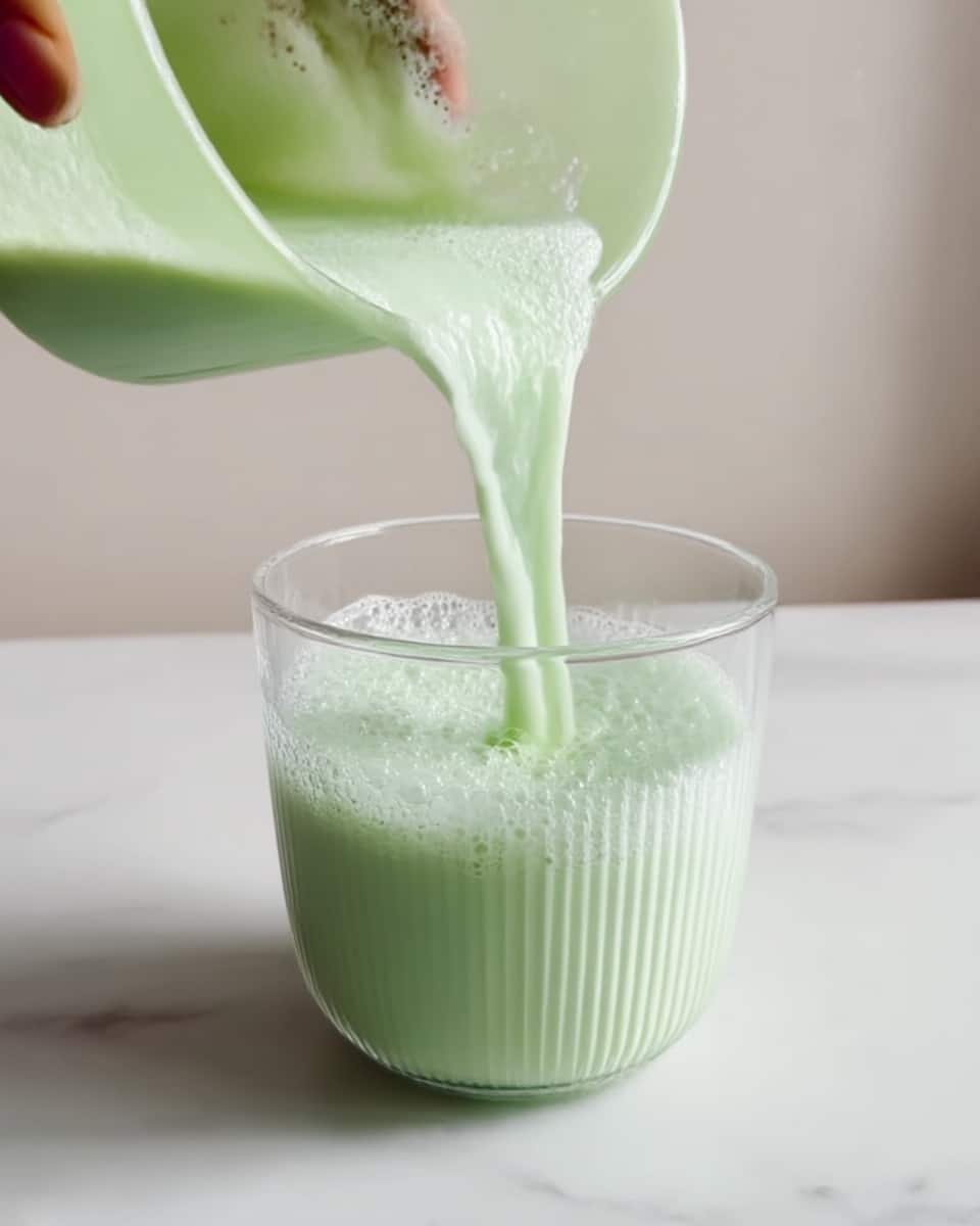 A clear white glass cup filled with light green liquid being poured from a translucent green container. The liquid is smooth and slightly thick, with soft bubbles forming on the surface as it fills the cup. The scene is set on a white marbled surface with a white background, showing part of a woman’s hand holding the container. Photo taken with an iphone --ar 4:5 --v 7