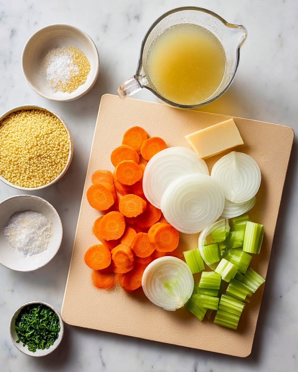 The image shows several ingredients arranged neatly on a light beige cutting board placed on a white marbled surface. On the board, there are three groups of chopped vegetables: orange carrot slices on the left, thick white onion slices stacked together on the right, and small green celery pieces at the front. Surrounding the board, there is a white bowl filled with yellow couscous at the bottom left, a small white bowl with coarse salt at the top left, another small white bowl with grated cheese below it, and a piece of pale yellow cheese wedge between them. At the top center, a glass measuring cup filled with light yellow broth is slightly overlapping the cutting board. On the right side, a white bowl contains finely chopped green herbs. The colors are fresh and bright, and everything is clean and well organized. photo taken with an iphone --ar 4:5 --v 7
