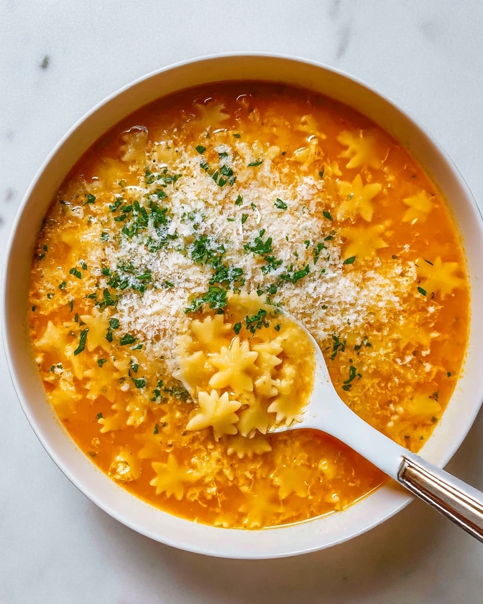 A white bowl holds a clear orange soup filled with small star-shaped pasta spread throughout. On the surface, there is a generous sprinkle of finely grated white cheese and chopped green herbs arranged in patches. A white spoon with a silver base rests partially in the soup, with a portion of the star pasta floating in it. The bowl is placed on a white marbled surface. photo taken with an iphone --ar 4:5 --v 7