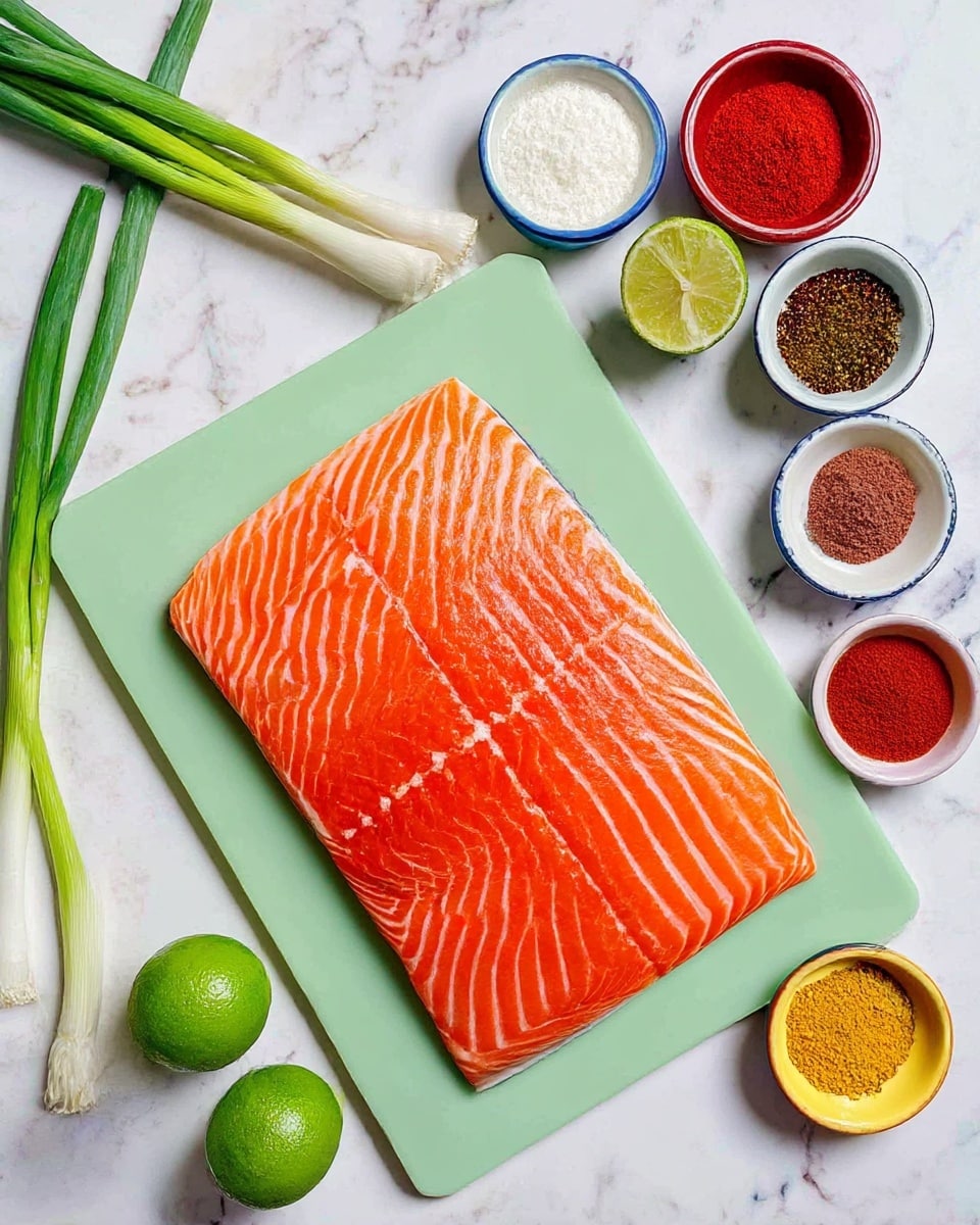 The image shows a single large piece of raw salmon with bright orange and white stripes laid in the center of a light green cutting board. To the left of the salmon are three whole green spring onions and two lime halves with one whole lime nearby. On the right side of the cutting board, there are nine small bowls with different spices and sauces in colors such as white, red, orange, yellow, and brown. The entire setting is placed on a white marbled surface. photo taken with an iphone --ar 4:5 --v 7