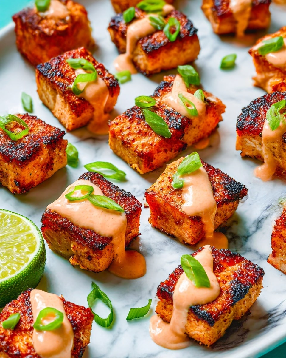 This image shows many small, square pieces of cooked salmon with a golden-brown crust and a slightly charred texture, arranged on a white plate. Each piece is topped with a light pink creamy sauce that is drizzled unevenly, and some have small slices of green onion scattered on top. In the corner, there is a half-cut lime with a bright green rind and juicy interior. The background is a white marbled texture. The image looks bright and colorful, showcasing the contrast between the rich salmon slices, fresh green onion, and creamy sauce photo taken with an iphone --ar 4:5 --v 7