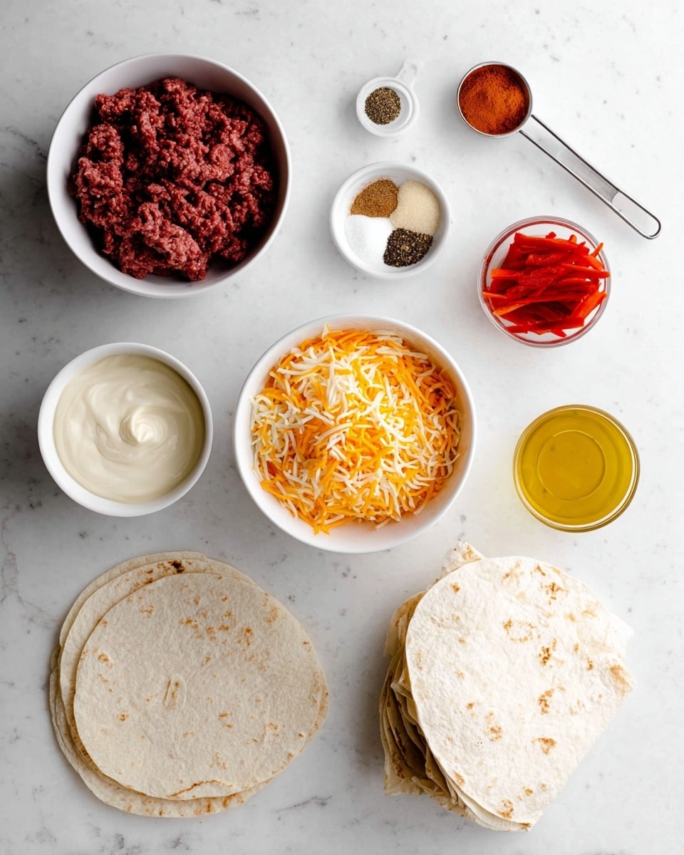 A collection of ingredients arranged on a white marbled surface includes six white bowls and a metal measuring spoon. Starting from the bottom left, there is a bowl filled with raw ground meat in dark red color and rough texture. Moving upwards, a small white bowl holds various spices in four sections: white salt, black pepper, light brown powder, and dark red powder, next to a metal measuring spoon with red powder. To the right, a larger white bowl is filled with shredded cheese in orange and white colors, texturally soft and stringy. Below it, a small white bowl contains thin strips of bright red pieces, likely a spicy snack. Adjacent to that is a white bowl filled with golden yellow liquid, smooth and shiny like oil. Next to the oil is a small glass bowl with a reddish sauce, thick and smooth. Near the top left is a white bowl containing creamy white sauce with a smooth texture. At the bottom right, a stack of pale, soft flour tortillas with small brown spots. The arrangement is neat, with space between each item, all placed on the white marbled surface. photo taken with an iphone --ar 4:5 --v 7