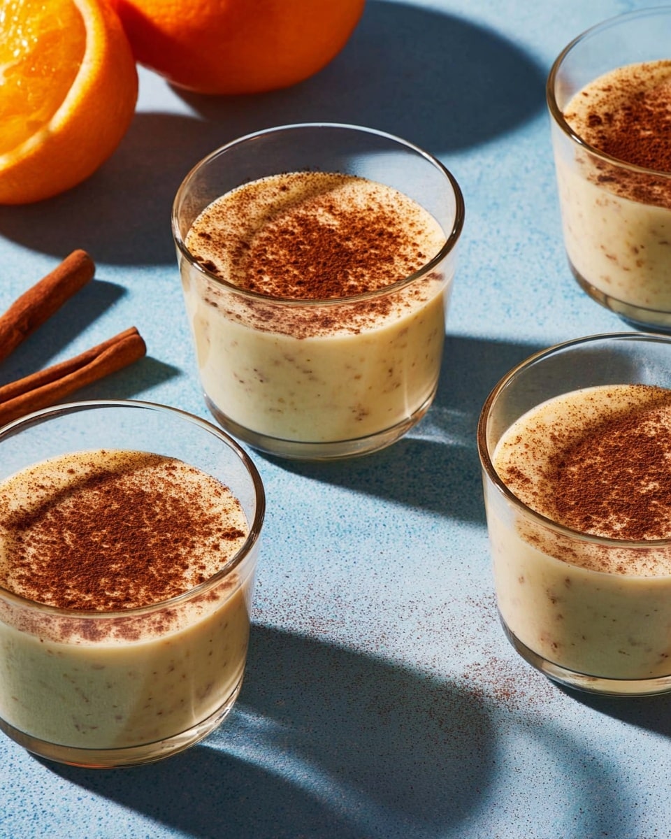 The image shows four clear glass cups filled with creamy, light beige pudding that has small darker flecks mixed throughout. Each cup is topped with a dusting of brown cinnamon powder mostly centered on the smooth surface of the pudding. The cups are placed on a blue textured surface, with visible shadows cast around them. In the background, there are two cinnamon sticks lying next to a whole orange, adding warm tones and context to the ingredients. The scene is lit softly with natural light coming from one side, highlighting the texture and color contrast. photo taken with an iphone --ar 4:5 --v 7