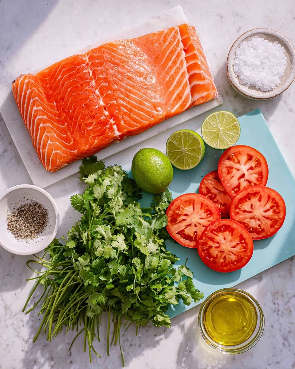 The image shows fresh cooking ingredients arranged neatly on a white marbled surface. At the top left, there is a large piece of raw salmon with bright orange color and visible white lines of fat. Below it, lime fruits are displayed: one whole lime and two halves with juicy green insides. To the right of the limes, a bunch of leafy green cilantro with delicate stems is spread across a light blue cutting board. Next to the cilantro, several round, thick slices of ripe red tomato are stacked slightly overlapping on the cutting board. Above the cutting board, a small white bowl contains coarse salt, and another small white bowl nearby has black pepper. A small clear glass container of golden olive oil is placed to the right. The whole scene is bright and fresh, lit clearly with soft shadows. Photo taken with an iphone --ar 4:5 --v 7