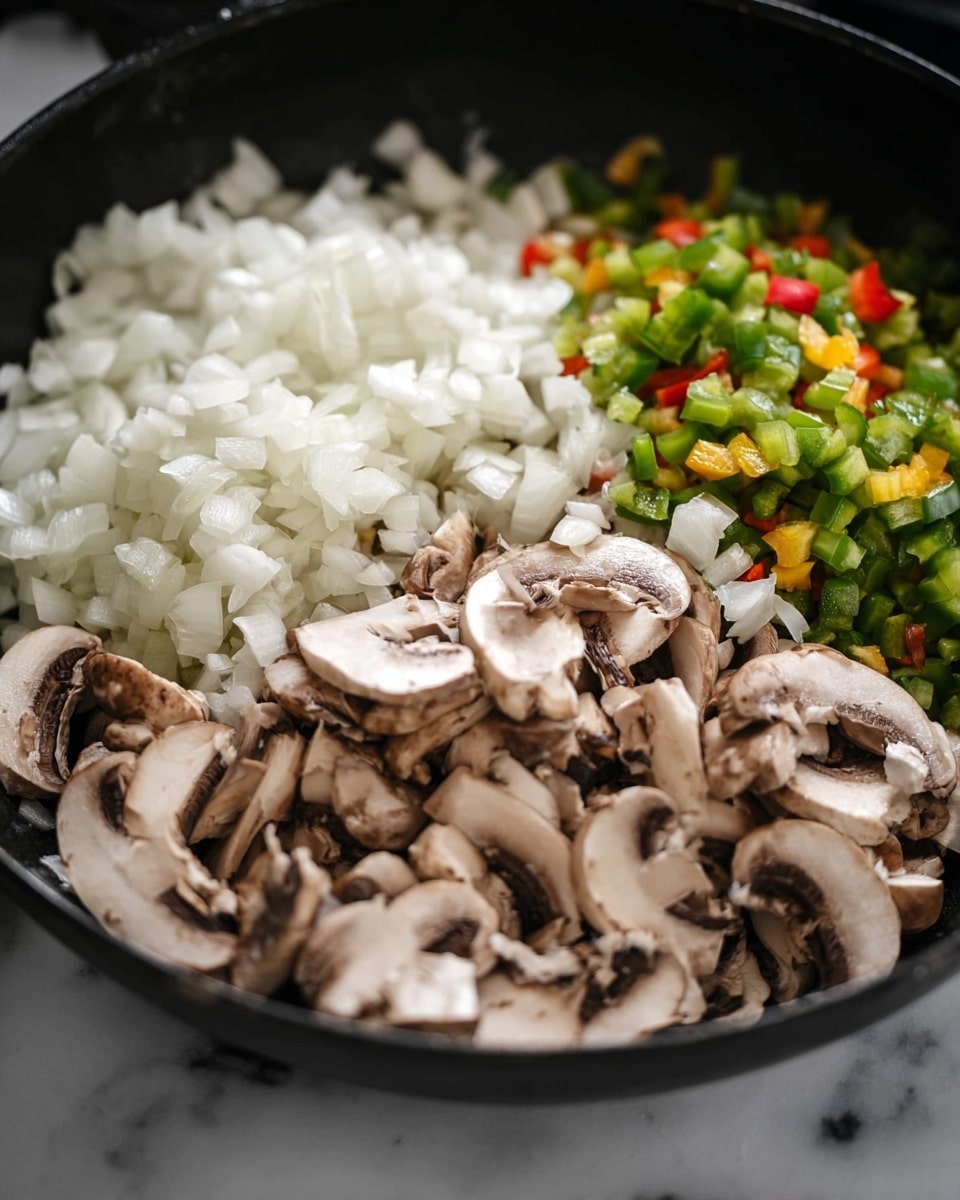 A close-up view of a black skillet filled with three distinct layers of raw ingredients: on the left side, a large pile of white chopped onions with a translucent, slightly shiny texture; on the right, a mix of finely chopped green, yellow, and red bell peppers sitting behind the onions; and in front, a generous heap of sliced brown mushrooms with curved shapes and a soft, matte texture, partially covering the onions. The skillet is placed on a surface with a white marbled texture. Photo taken with an iphone --ar 4:5 --v 7