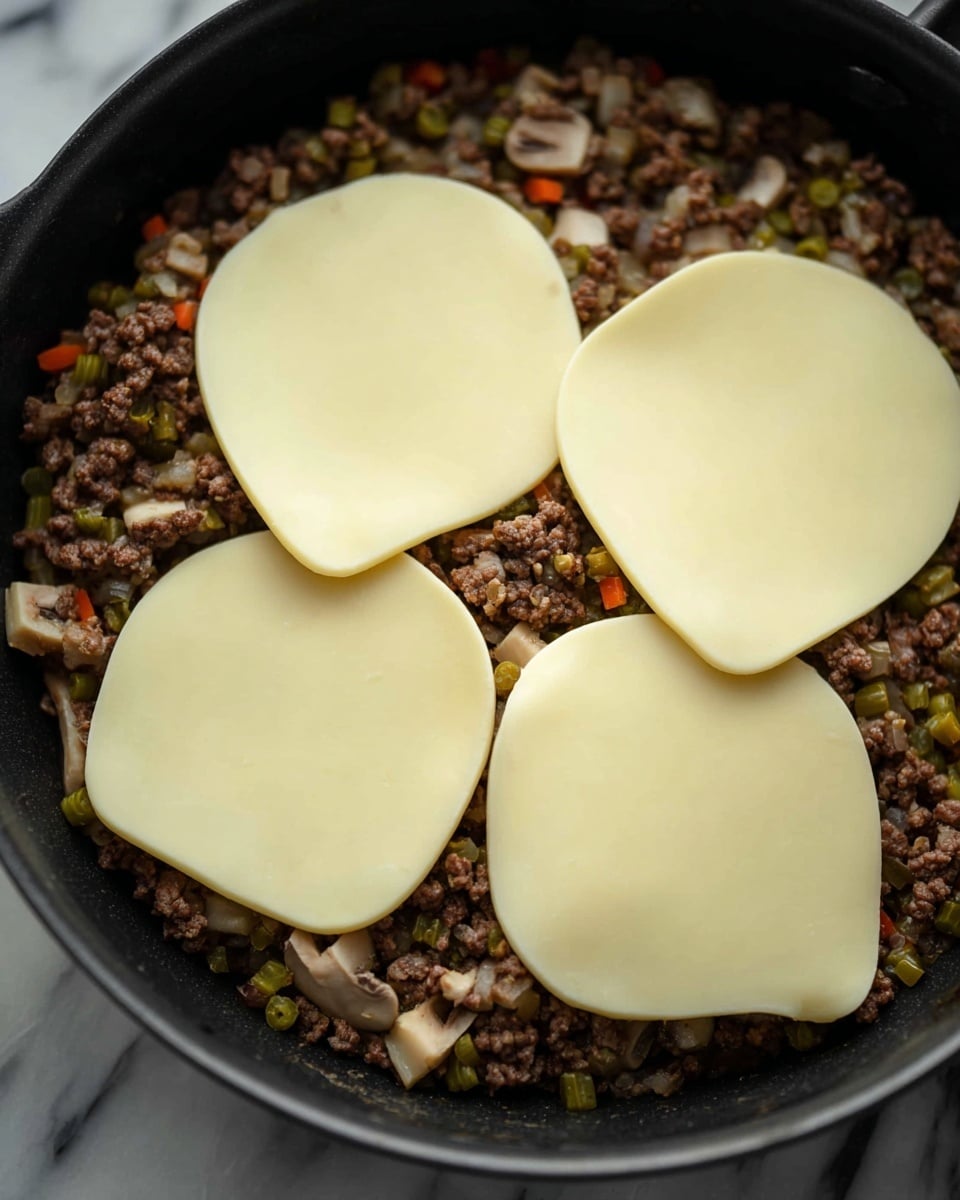A black skillet filled with a layer of cooked ground meat mixed with small pieces of green and orange vegetables and mushrooms, creating a textured middle-brown base. On top of this, four smooth, pale yellow slices of cheese are placed evenly, slightly overlapping each other, adding a smooth contrast to the rough meat layer underneath. The skillet rests on a white marbled surface. Photo taken with an iphone --ar 4:5 --v 7