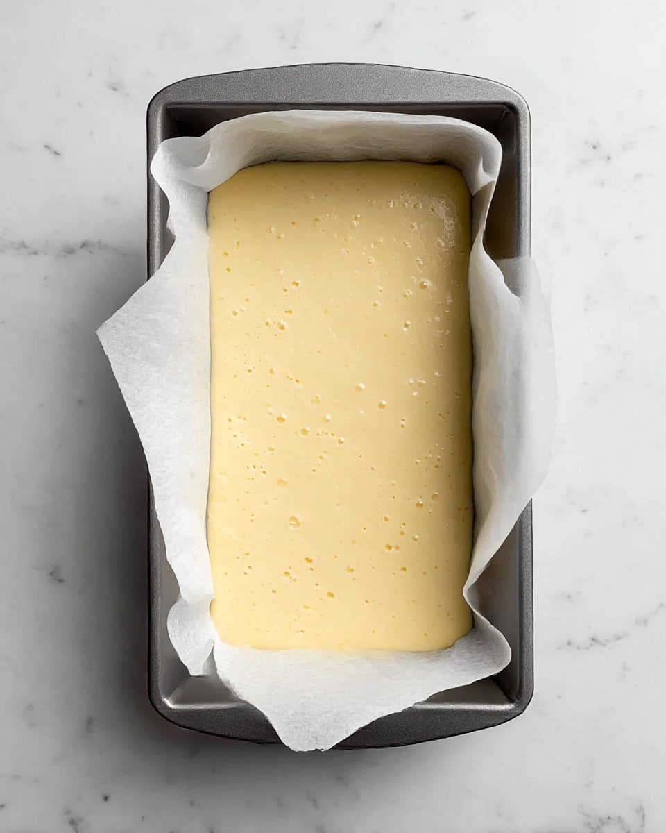 A grey rectangular baking pan lined with white parchment paper holds a smooth, pale yellow batter spread evenly inside. The batter has a few small bubbles on its surface, giving it a light texture. The pan rests on a white marbled surface. photo taken with an iphone --ar 4:5 --v 7