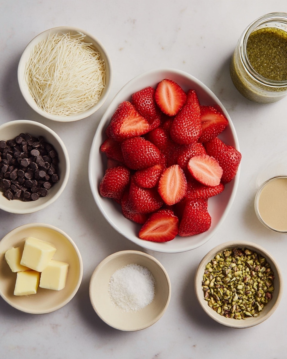 A top-down view shows a white oval plate filled with fresh, halved strawberries with bright red skin and light inner flesh placed at the center on a white marbled surface. Around it, smaller white and beige bowls contain various ingredients: off-white thin vermicelli noodles in a beige bowl, dark chocolate chips in a white bowl, crushed green pistachios in a beige bowl, light yellow butter cubes on a small plate, a tiny amount of white salt in a white bowl, a beige creamy sauce in a white container, and a greenish sauce with visible herbs in a jar, all arranged neatly around the strawberries. Photo taken with an iphone --ar 4:5 --v 7
