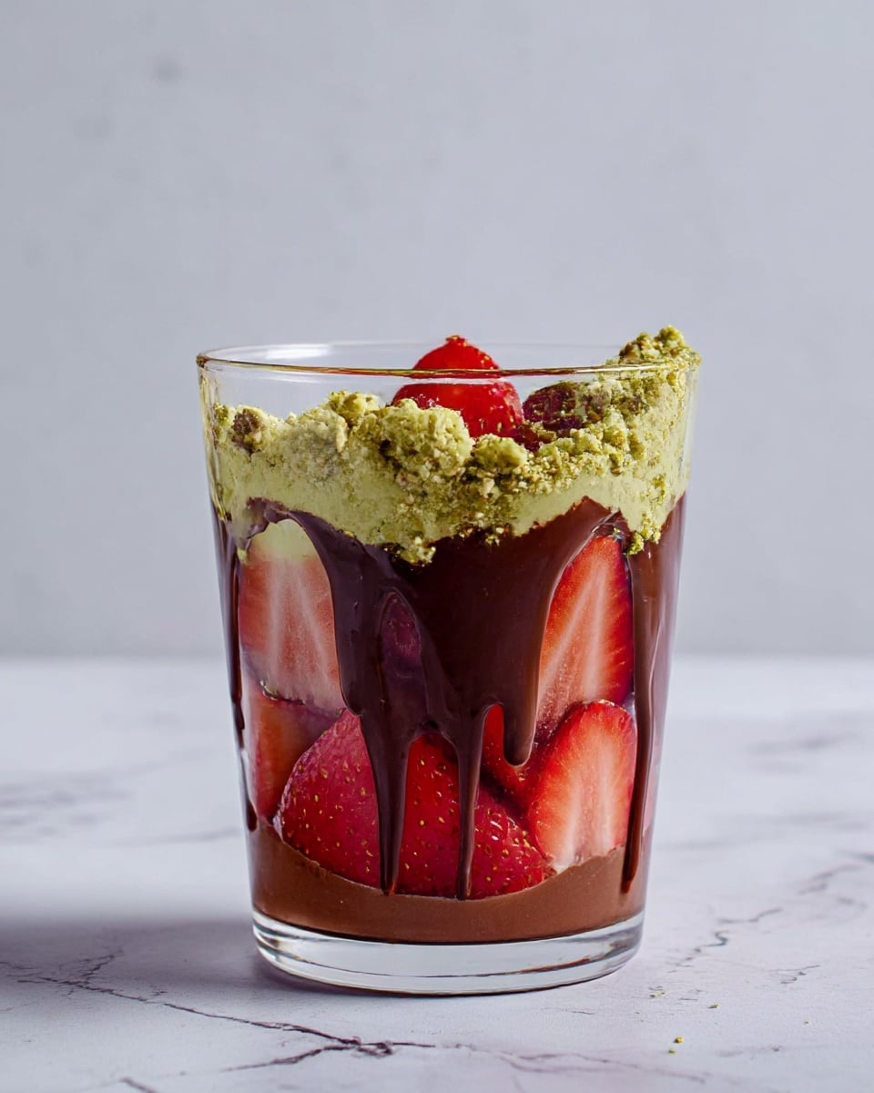 A clear glass filled with three layers: at the bottom are whole and sliced bright red strawberries, above them is a thick layer of dark brown chocolate that drips unevenly down the sides inside the glass, and the top layer is a rough, light green crumbly texture that looks like a pistachio topping. The glass is placed on a white marbled surface with a soft, light background. photo taken with an iphone --ar 4:5 --v 7