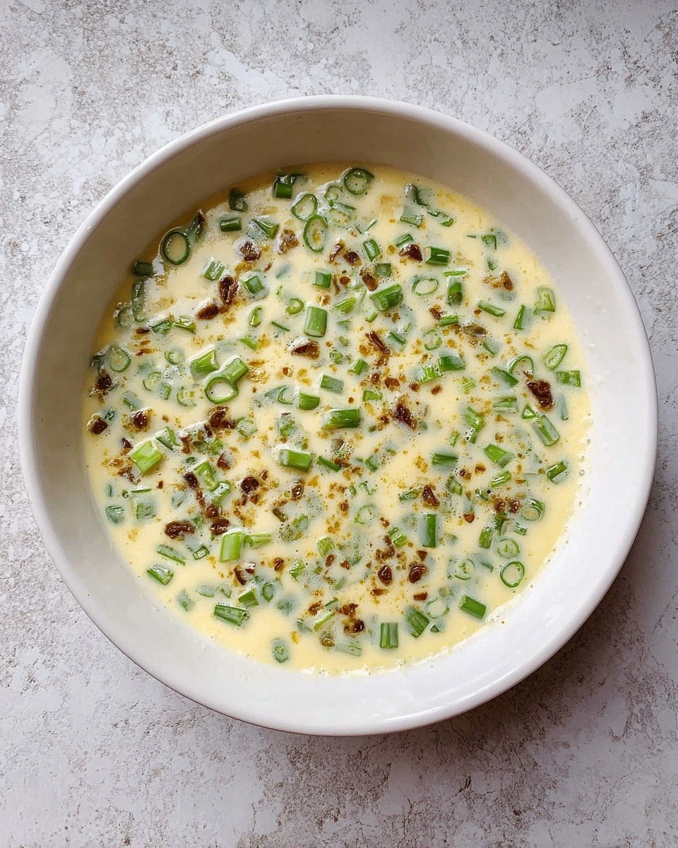 A white bowl filled with a creamy mixture that has a light yellow color base. Inside the mixture, there are many pieces of green onion slices evenly spread around the edge, with small pieces of slightly browned onions scattered throughout the center. The bowl sits on a white marbled surface. photo taken with an iphone --ar 4:5 --v 7