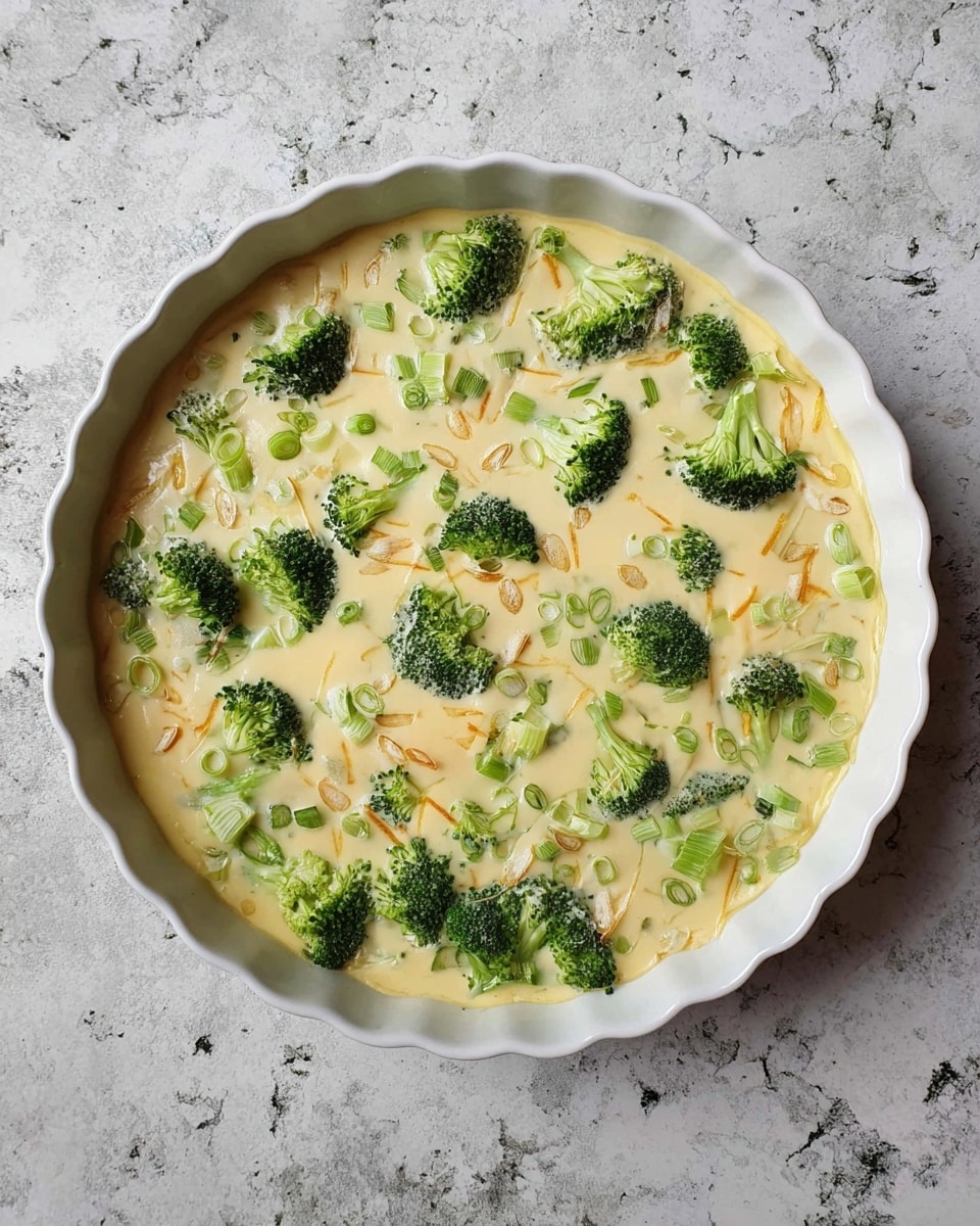 A white round scalloped dish filled with a creamy light yellow mixture showing distinct layers of bright green broccoli florets scattered evenly, thin light green slices of spring onion spread throughout, and small shreds of pale orange cheese mixed in, all resting on a white marbled surface photo taken with an iphone --ar 4:5 --v 7