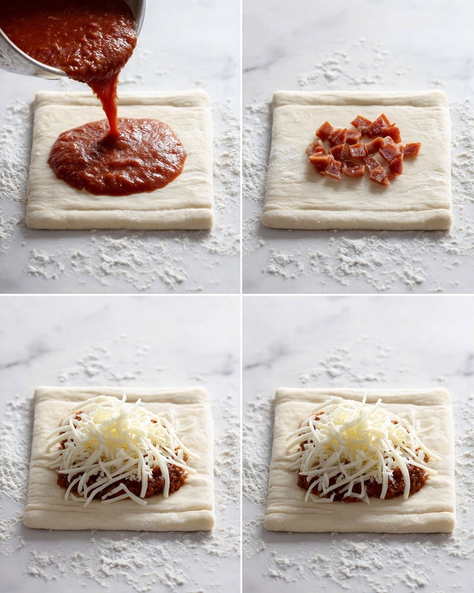 The image shows three close-up views of white dough squares neatly arranged in a grid on a white marbled surface dusted lightly with flour. In the first view, a ladle pours thick red sauce onto the center of one dough square. In the second view, small pieces of reddish meat are added on top of the sauce in the center of the dough square. In the third view, curly white shredded cheese is placed on top of the meat and sauce in the center of the dough square, creating three distinct layers: smooth dough base, red sauce with meat in the middle, and a fluffy layer of cheese on top. photo taken with an iphone --ar 4:5 --v 7