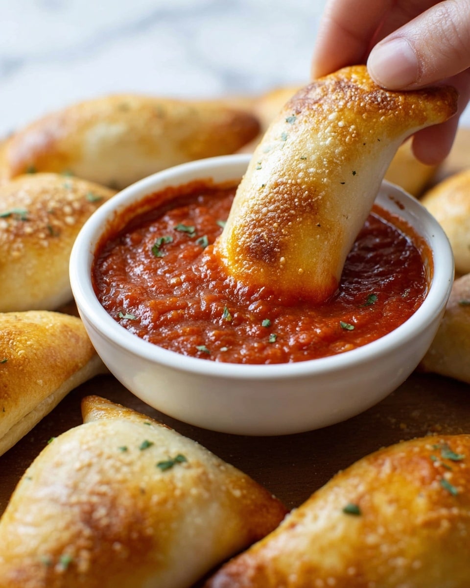 A white round bowl filled with thick, red tomato sauce with visible small bits and texture sits in the center on a white marbled surface. Surrounding the bowl are six golden-brown, baked pockets with a smooth, shiny crust sprinkled lightly with green herbs. A woman's hand is dipping one pocket into the sauce, showing its curved shape with a slightly browned bottom and soft texture. The warm colors and details in the sauce and pockets make the dish look fresh and tasty. Photo taken with an iphone --ar 4:5 --v 7